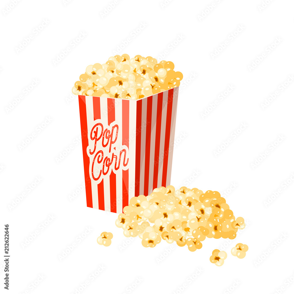 Caramel popcorn in striped paper bag. Vector illustration cartoon flat icon isolated on white