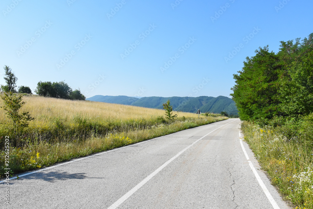 Mountain road. Old road through the forest. Concept of travel under a blue sky