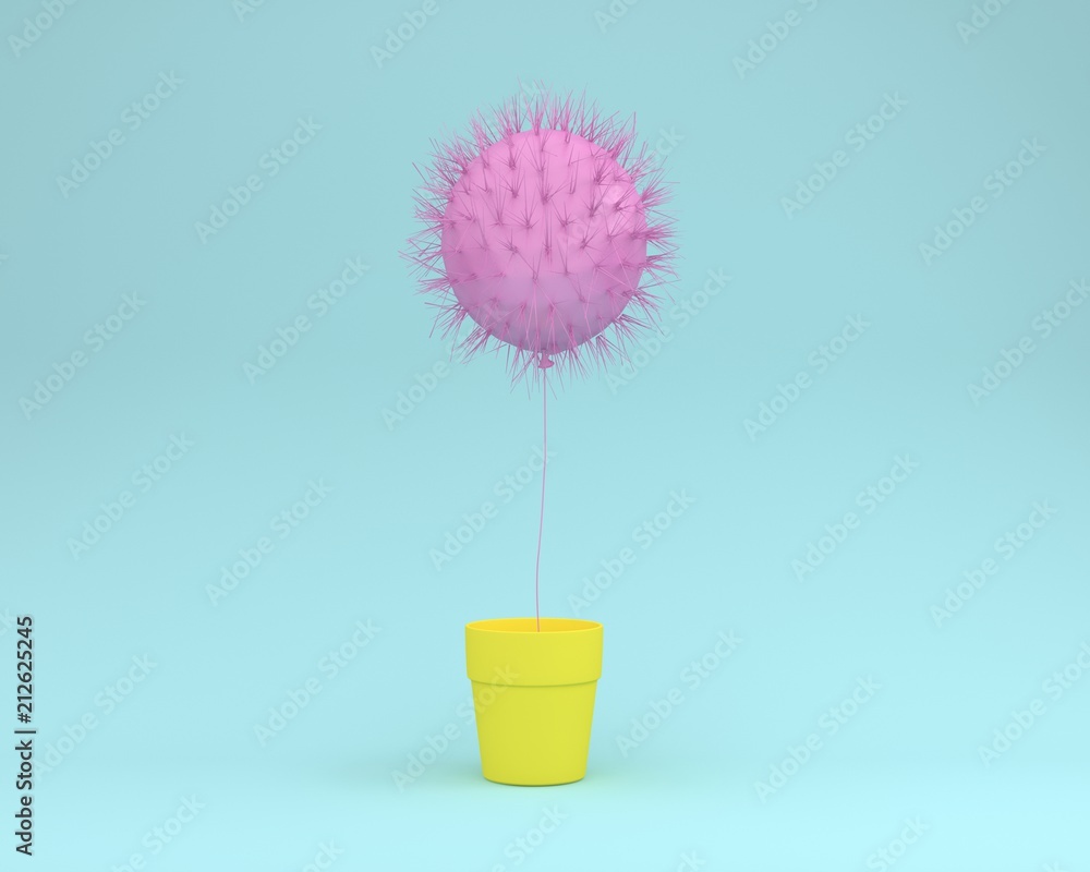Creative idea layout of cactus pink floating with flower pot yellow on pastel blue background. minimal concept. the freedom idea. - obrazy, fototapety, plakaty 