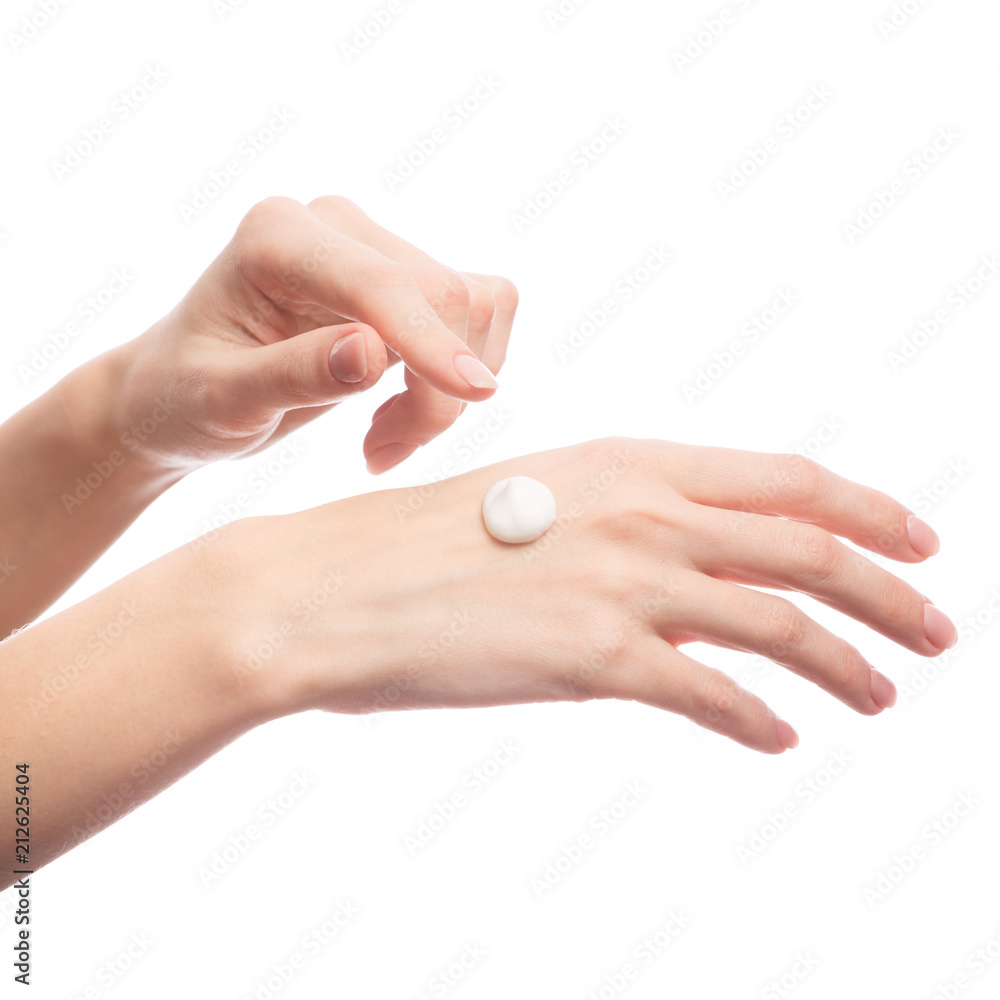 Hands on a white background. Hand care. Lubricate with cream Hands on a white background. Hand care. Lubricate with cream