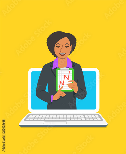 Online business coaching concept. Vector flat illustration. Young woman business coach on computer monitor holds graphic of money growth. Business training on internet. Marketing strategy presentation