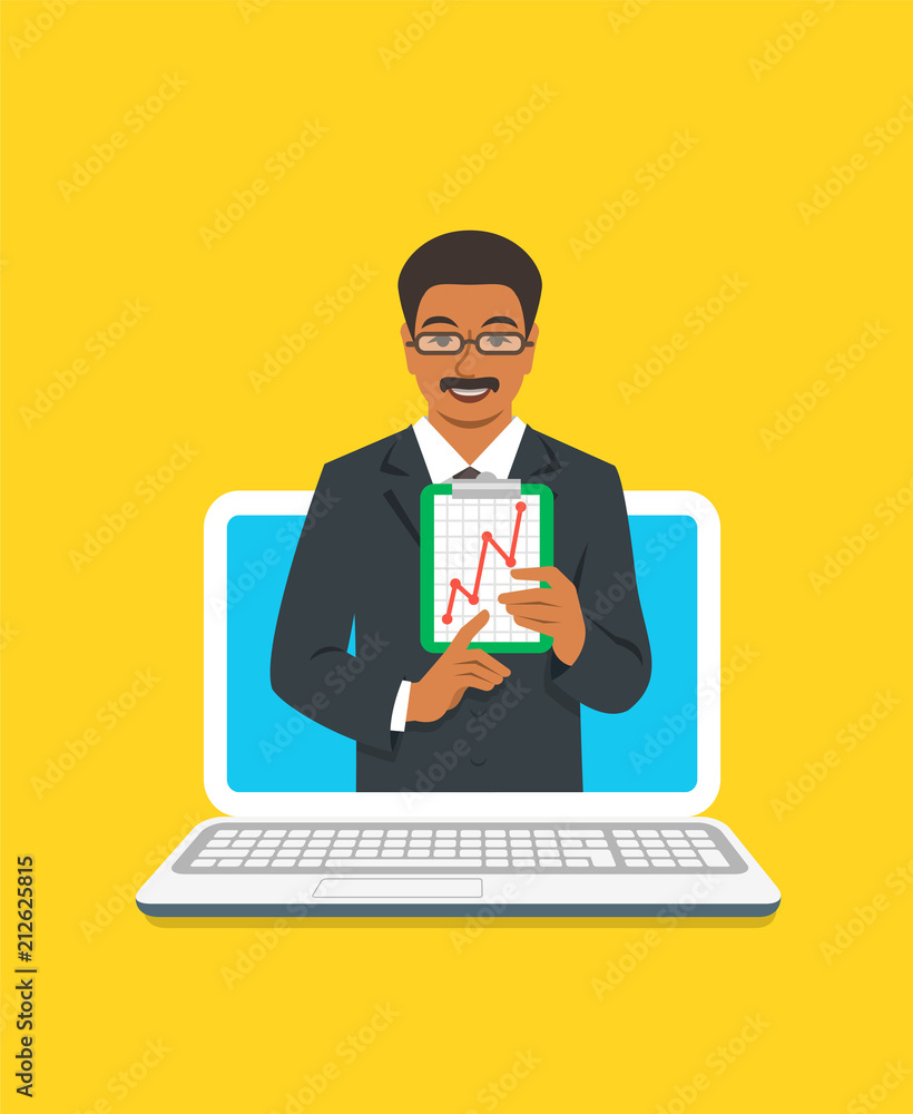 Online business coaching concept. Vector flat illustration. Black man business coach on computer monitor holds graphic of money growth. Business training on internet. Marketing strategy presentation Online business coaching concept. Vector flat illustration. Black man business coach on computer monitor holds graphic of money growth. Business training on internet. Marketing strategy presentation