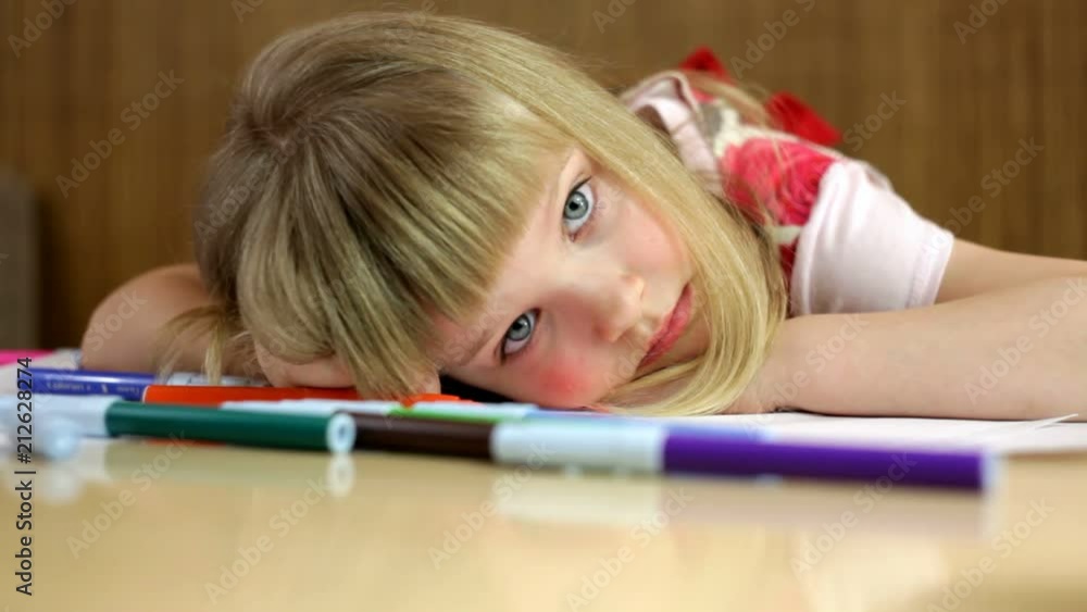 cheerful girl child draws with colored inks cheerful girl child draws with colored inks