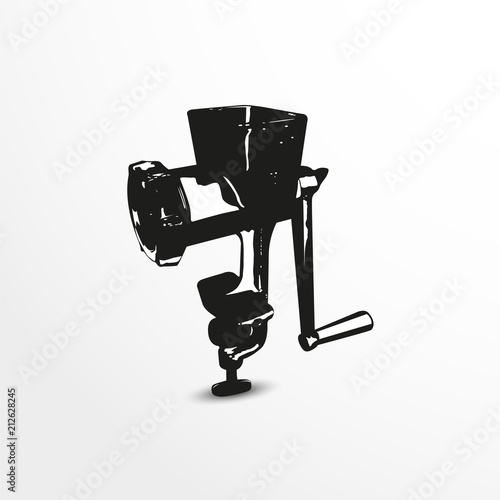 Household meat grinder. Vector illustration in black and white.