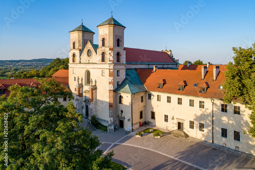 Benedictine abbey, monastery and Saint Peter and Paul church in Tyniec near Krakow, Poland. Aerial view at sunset