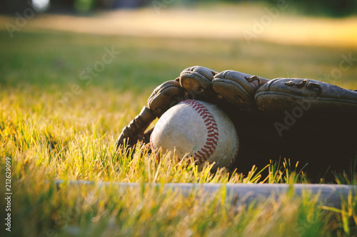Baseball in glove with bat laying in grass field background during summer sport season. 