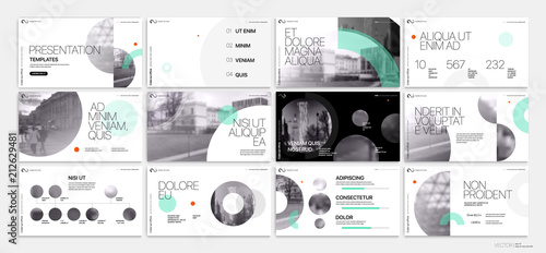 Presentation template. Green geometric elements for slide presentations on a white background. Use also as a flyer, brochure, corporate report, marketing, advertising, annual report, banner. Vector