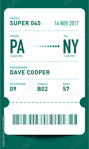 E-Ticket or Boarding Pass Card Template with Bar Code. Train Ticket Pass Design. 