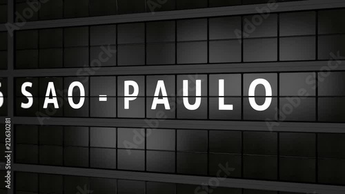 3D generated animation, analog flight information display board with the arrival city of Sao Paulo, Brazil