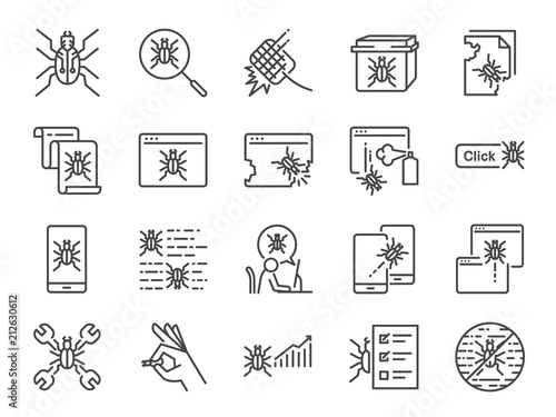 QA and Bug fix icon set. Included icons as bug report, computer virus, spyware, quarantine, quality assurance, Test Case and more.
