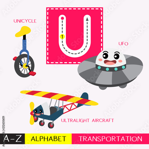 Letter U uppercase children colorful transportations ABC alphabet tracing flashcard for kids learning English vocabulary and handwriting Vector Illustration.