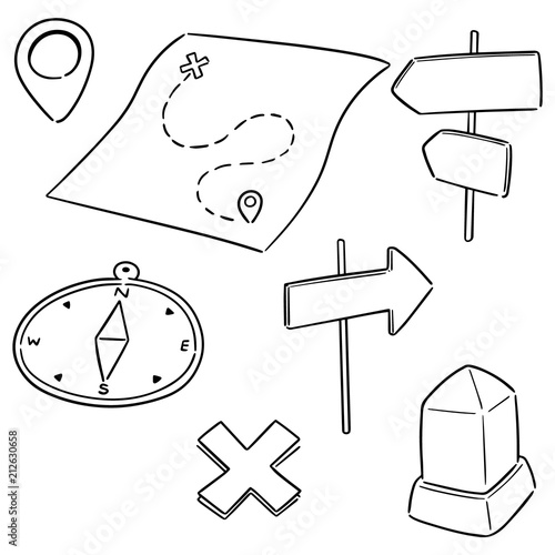 vector set of map, compass, direction post and milestone