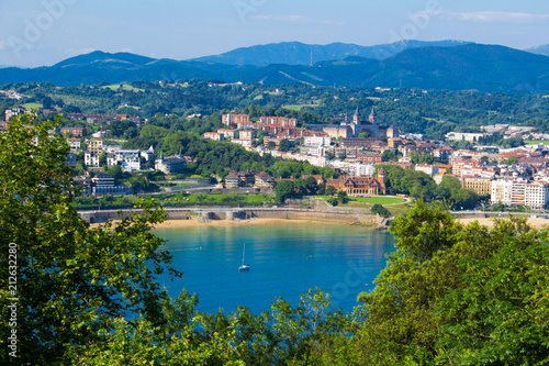 Panoramic view of the city,ocean and sand beach on the sunny day .San Sebastian.Spain.