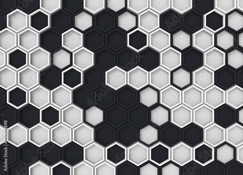 3d rendering. random modern black and white hexagonal pattern wall background. © PATARA