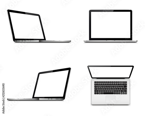 Laptop screen mockup with perspective, top and front view. Set of vector laptops with blank screen isolated on white background.