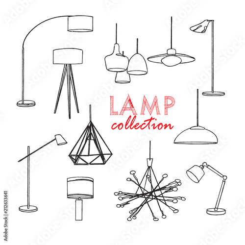 vector lighting lamp illustration. floor lamp, table lamp, pendant, interior design