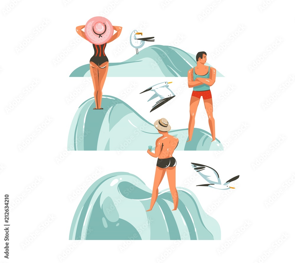 Hand drawn vector abstract graphic cartoon summer time collection flat illustrations set with boys and girls characters on the beach with beach stones and flying gulls isolated on white background