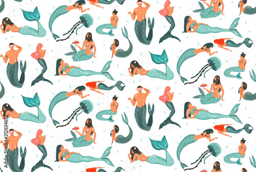 Hand drawn vector abstract cartoon summer time graphic illustrations seamless pattern collection with beauty mermaid underwater swimming girls and boys isolated on white background