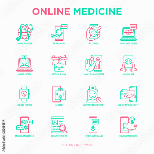 Online medicine, telemedicine thin line icons set: pill timer, ambulance online, medical drone, medical tracker, mHealth, messenger. Modern vector illustration.