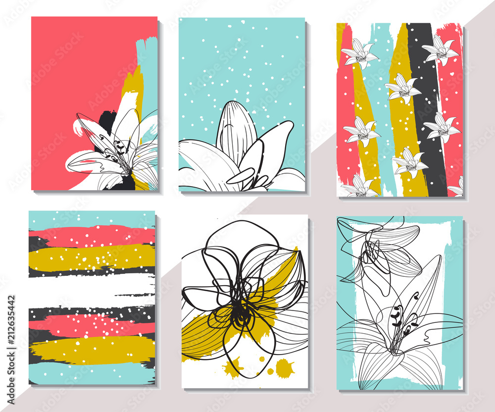 Vector set of Card, poster, flyer template layout, cover design magazine  with abstract and flower nature background and place for your text for  decoration, business, website. grunge brush stroke Stock Vector |