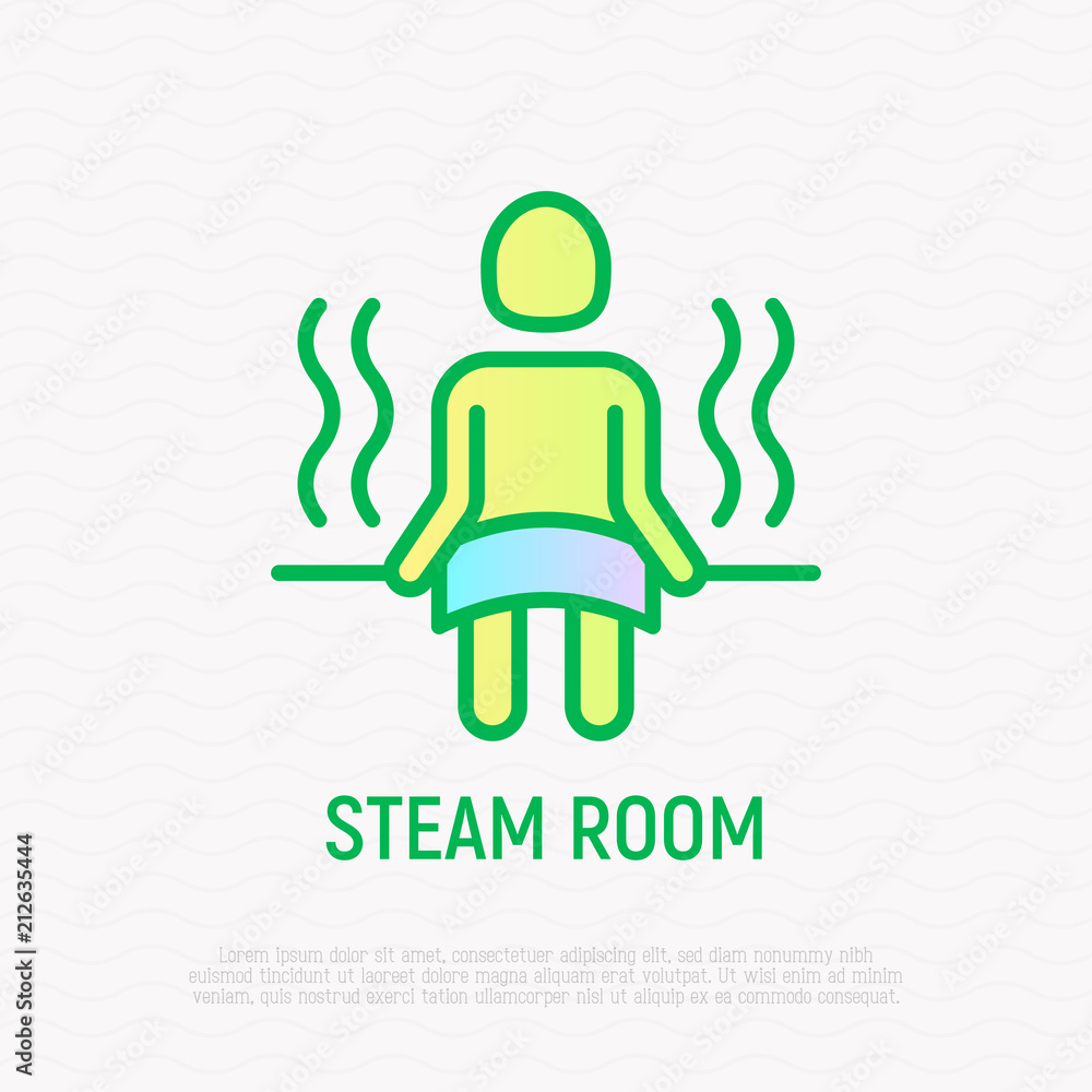 Steam room thin line icon: man sitting in sauna on bench. Modern vector illustration. Steam room thin line icon: man sitting in sauna on bench. Modern vector illustration.
