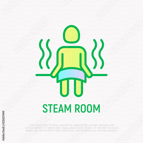 Steam room thin line icon: man sitting in sauna on bench. Modern vector illustration.