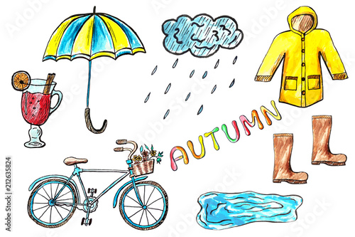 Part 2. Set of hand drawn watercolor autumn icons. Seasonal clothes and weather design elements. Color vector illustration isolated on white background