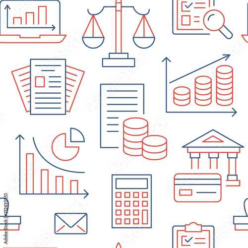 Financial accounting seamless pattern with flat line icons. Bookkeeping background, tax optimization, loan, invoice, real estate crediting. Accountancy, finance thin linear signs for legal services.