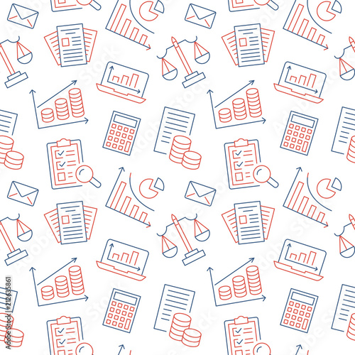 Financial accounting seamless pattern with flat line icons. Bookkeeping background, tax optimization, loan, payroll, real estate crediting. Accountancy, finance thin linear signs for legal services.