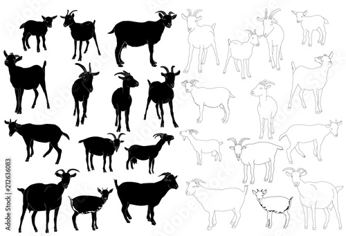 isolated set of goat silhouettes, outline of goat