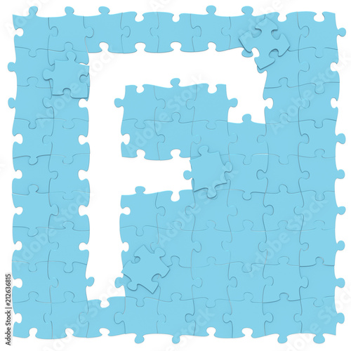 Jigsaw puzzles blue color assembled like capital letter F on white background, puzzle letters may be seamless connected along borders, 3D rendered font image