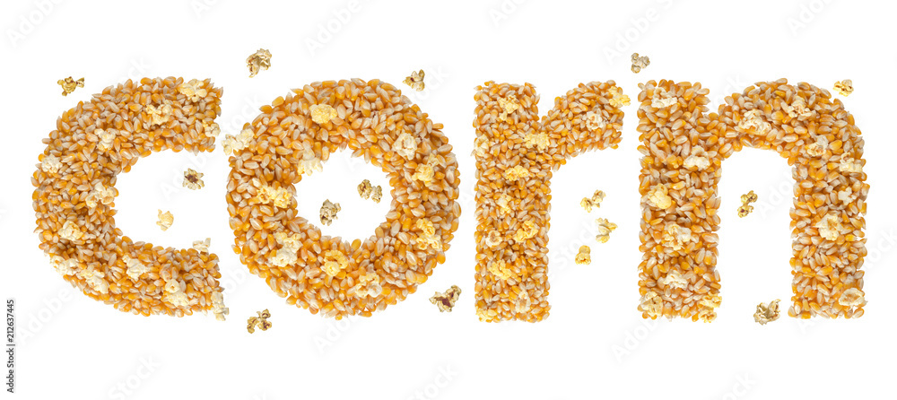 Corn Word made with corn seeds with clipping path. Adorned corn sign using popcorn Corn Word made with corn seeds with clipping path. Adorned corn sign using popcorn
