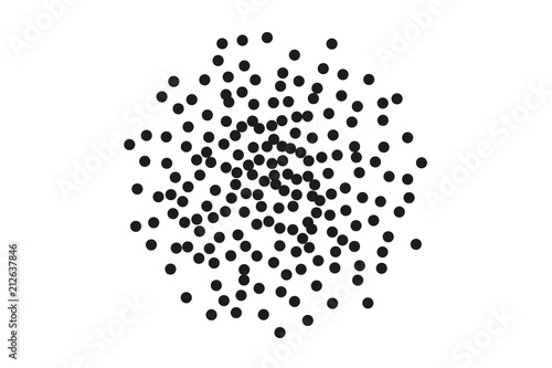 Random, chaotic black polka dot on white background. Vector illustration. Minimalistic style