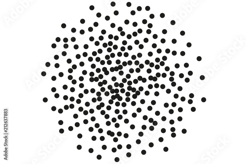 Random, chaotic black polka dot on white background. Vector illustration. Minimalistic style