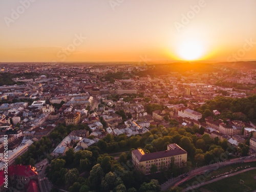 Fototapeta Naklejka Na Ścianę i Meble -  aerial view of old european city on sunset