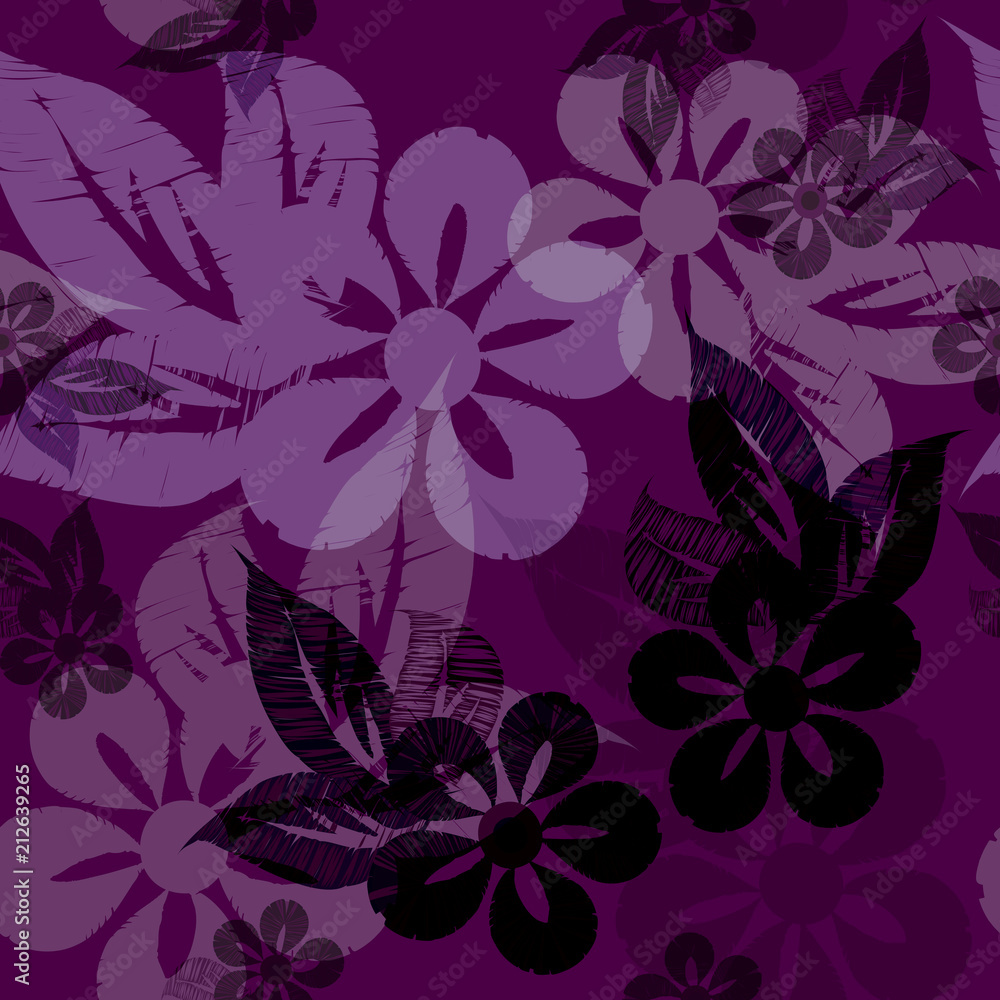 Vector seamless floral pattern with abstract decorative flowers, leaves in black claret coloring Vector seamless floral pattern with abstract decorative flowers, leaves in black claret coloring