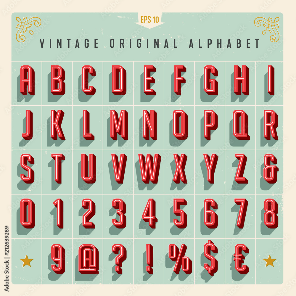 Vector Vintage Style Alphabet with offset effect, useful for retro packaging design, posters, greeting cards, brochures, flyers and much more.