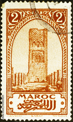 Tower of Rabat on vintage moroccan postage stamp