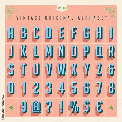 Vector Vintage Style Alphabet with offset effect, useful for retro packaging design, posters, greeting cards, brochures, flyers and much more.