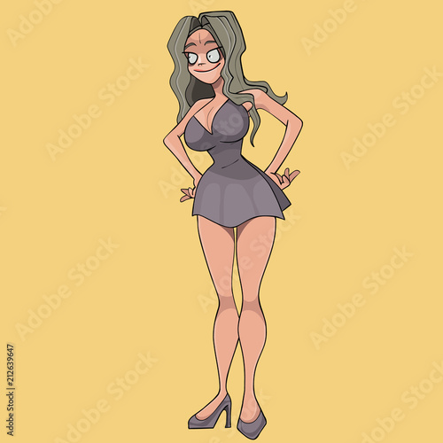 cartoon woman in a short dress is standing with arms akimbo