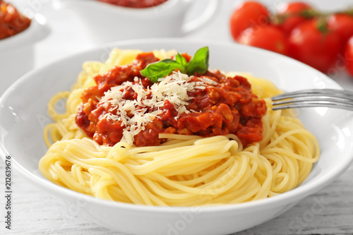 Delicious pasta with meat sauce on plate