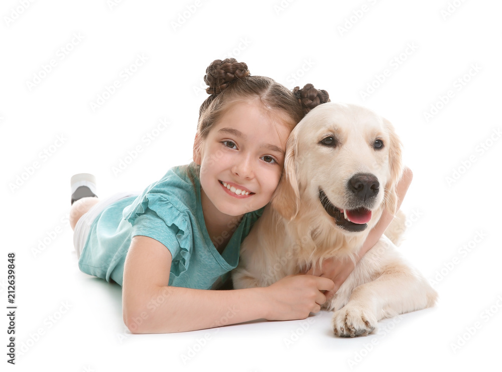 Cute little child with her pet on white background Cute little child with her pet on white background