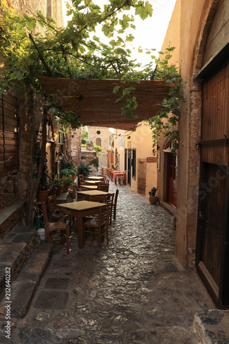 Beautiful street inside of the medieval castle town of Monemvasia  Peloponnese  Greece  June 2018.