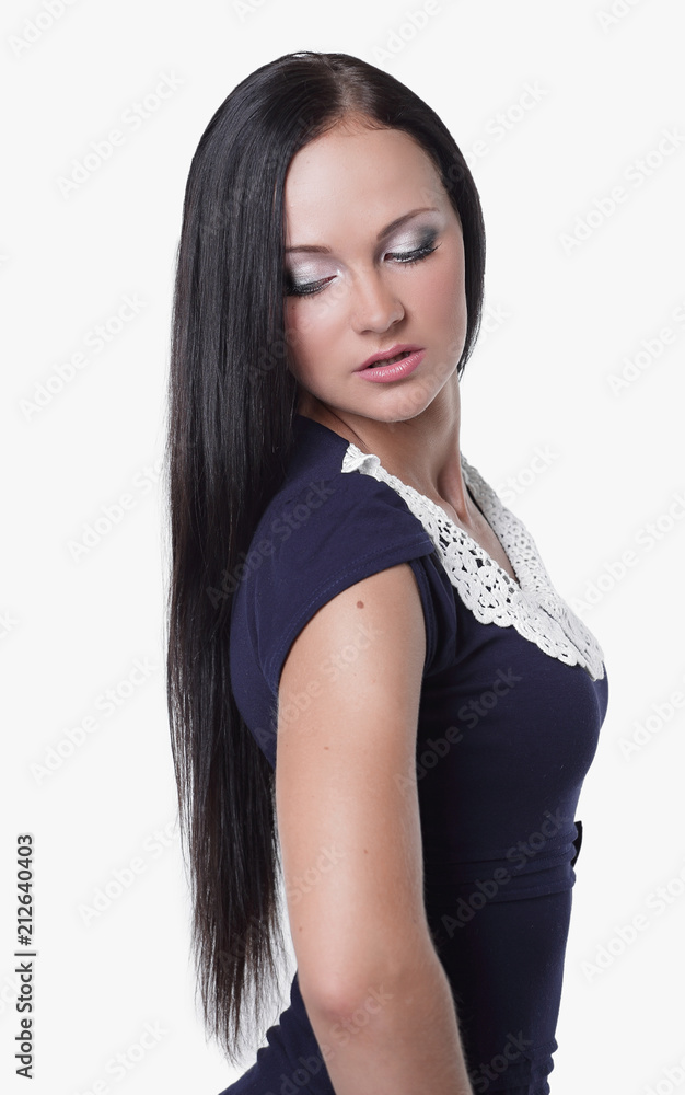 Woman holding hands behind head, isolated background Woman holding hands behind head, isolated background