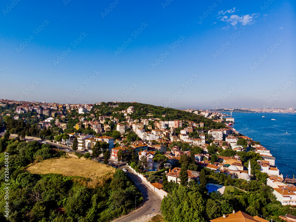 Aerial Drone View of Istanbul Bosphorus with Unplanned Urbanization Buildings Near Seaside.