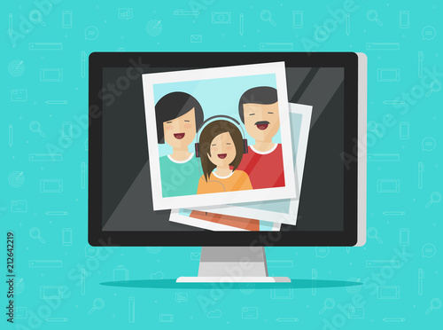 Photos on computer screen vector illustration, flat cartoon photo cards on pc display, idea of photography gallery viewing, multimedia album, digital photos