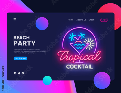 Beach Party concept banner. Tropical Cocktails Night Club Neon Sign, can use for web banner, infographics, website template. Summer Party Invitation. Vector illustration isolated
