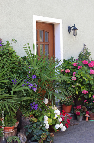 Fototapeta Naklejka Na Ścianę i Meble -  house entrance door with lots of flowers