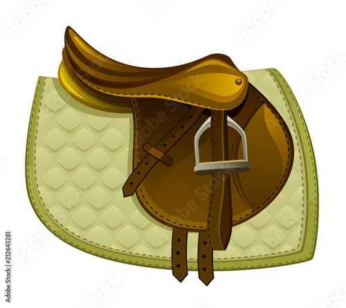 Brown horse saddle with a blanket on a white background