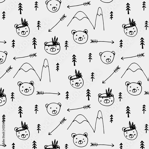 Hand Drawn Cute Bear Tribal Pattern Background. Vector Illustration.